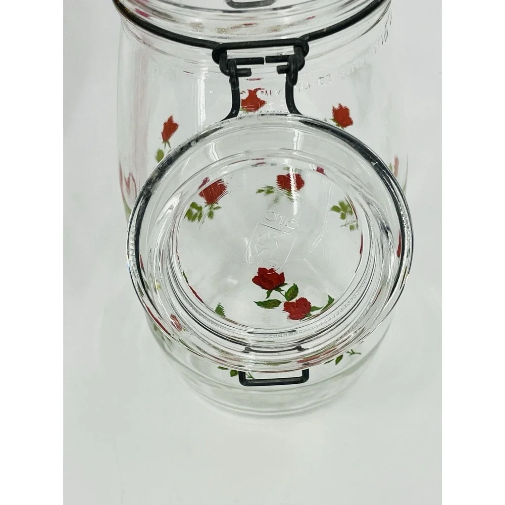 Vintage Arc Red Roses Flowers 1.5 Liter Glass Cannister Jar France Latched Lid